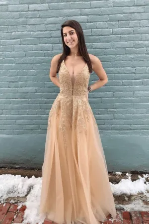 A line Stylish Champagne V neck Lace Evening Dress Appliques Long Prom Dress