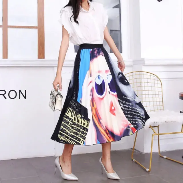 Bold Print Polyester Pleated Skirts