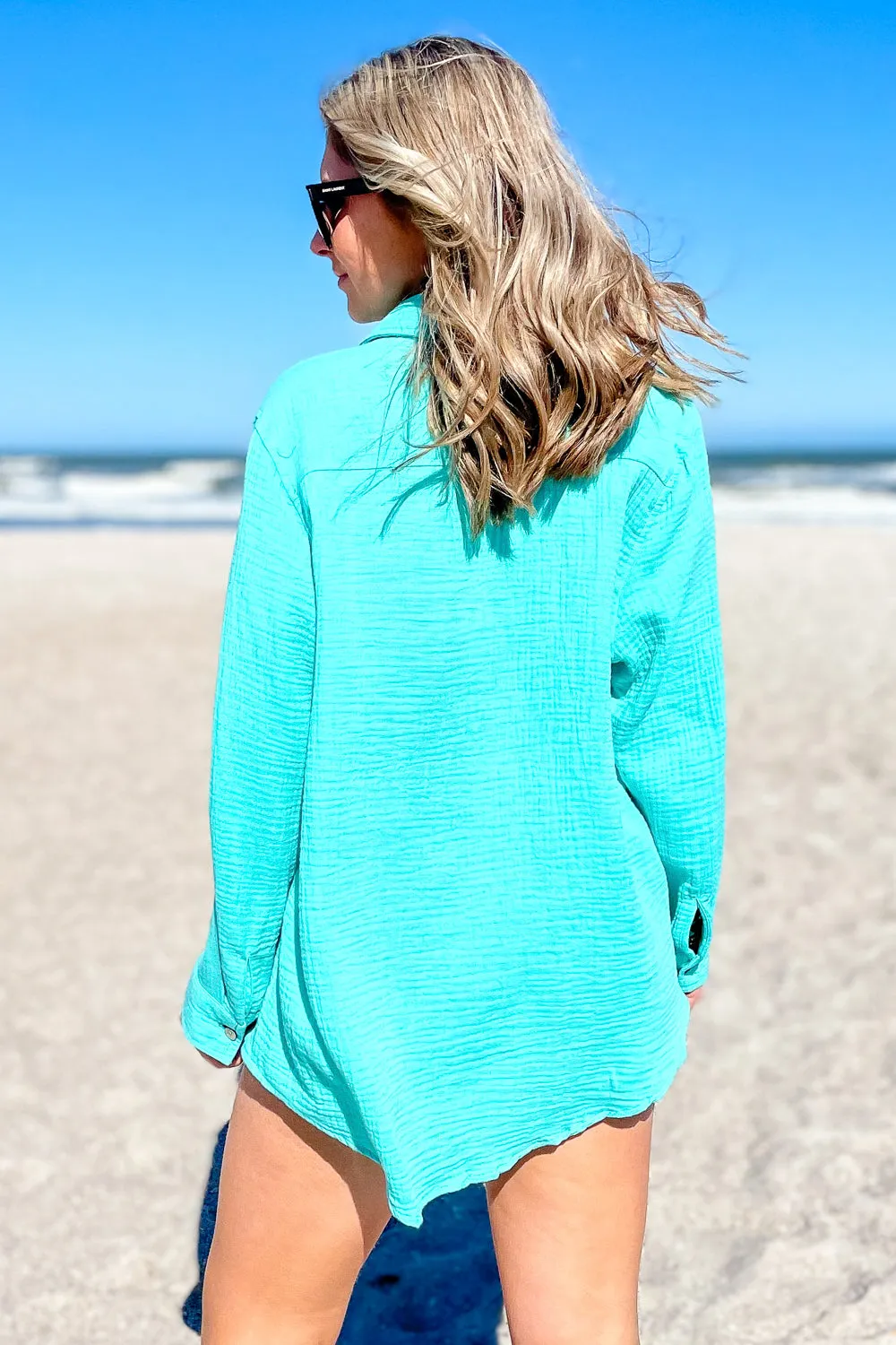 Breezy Summer Days Button Down Top - Aqua