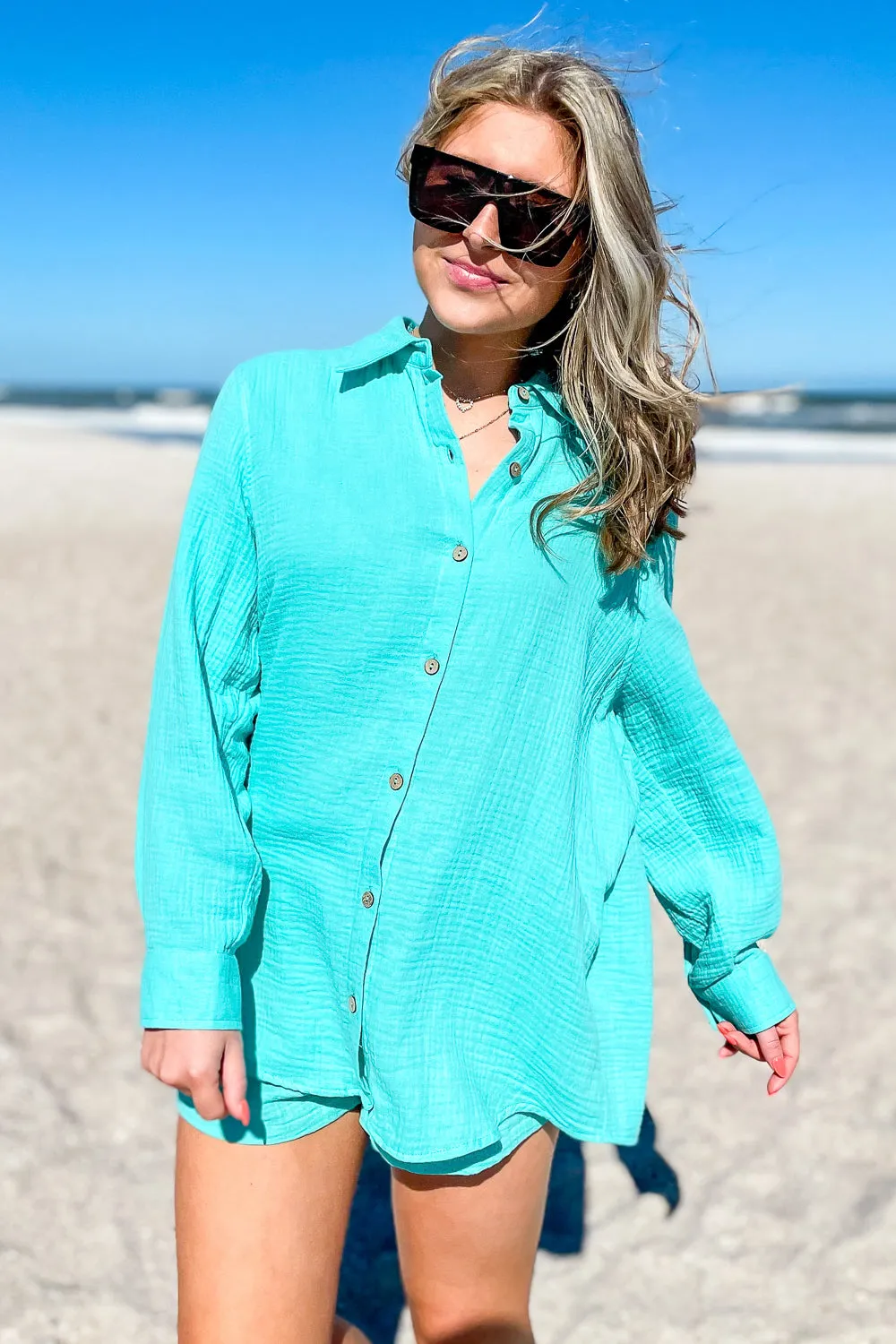 Breezy Summer Days Button Down Top - Aqua