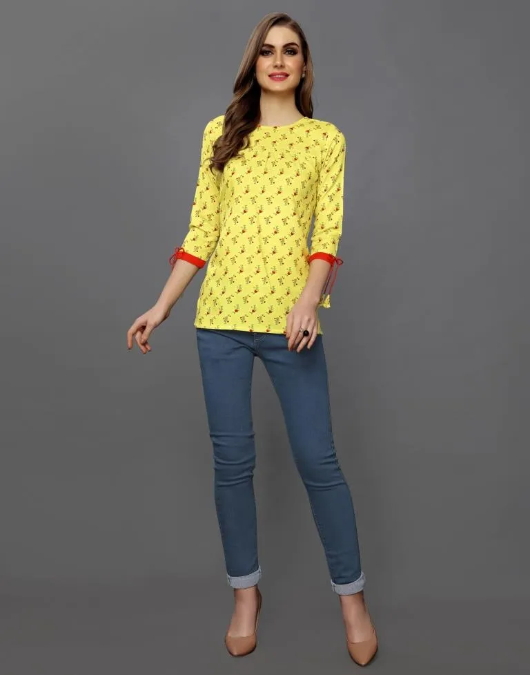Breezy Yellow Coloured Printed Rayon Tops
