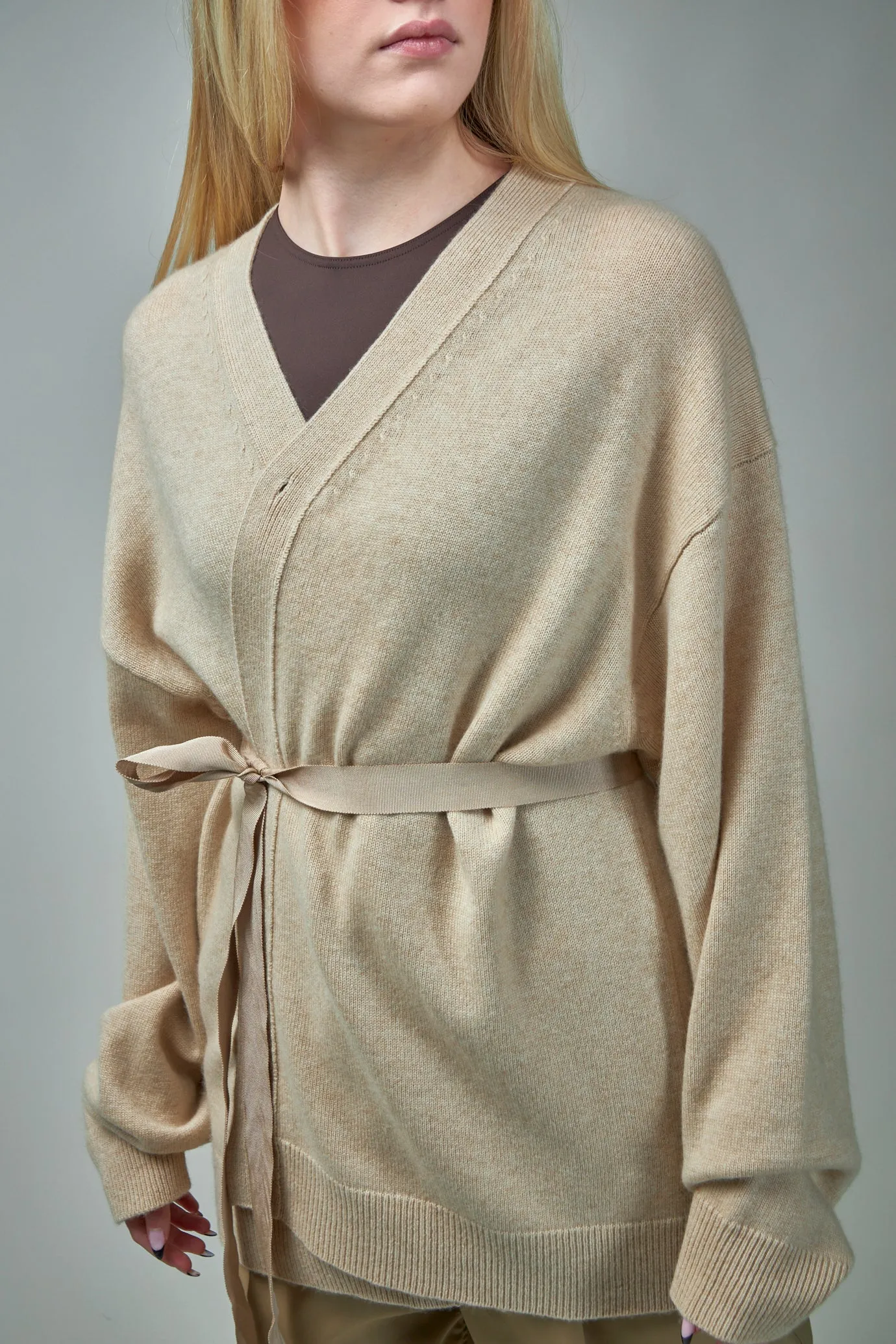 Cardigan W Belt Bottom Rib Oversized