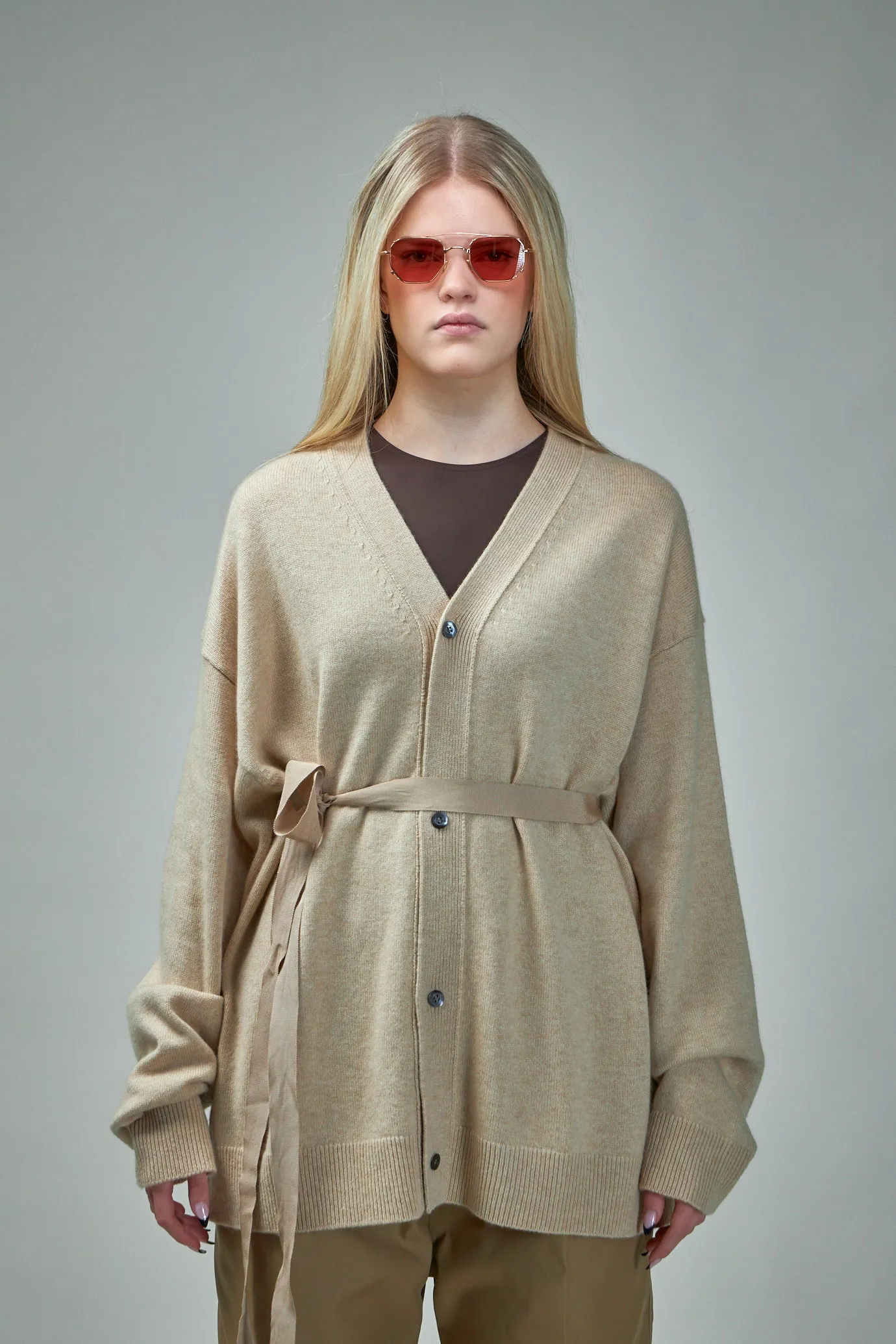 Cardigan W Belt Bottom Rib Oversized