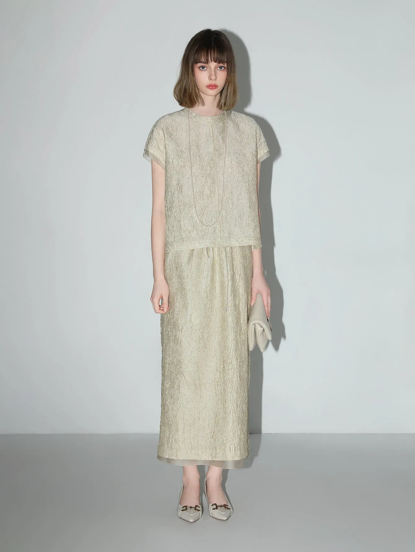 Champagne Satin Tee with Crumpled Texture