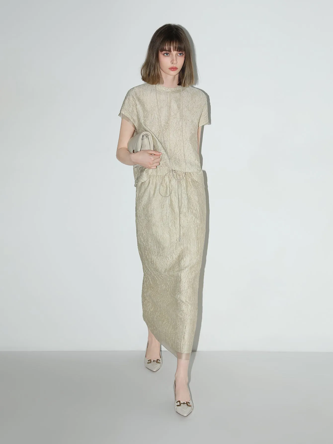 Champagne Satin Tee with Crumpled Texture