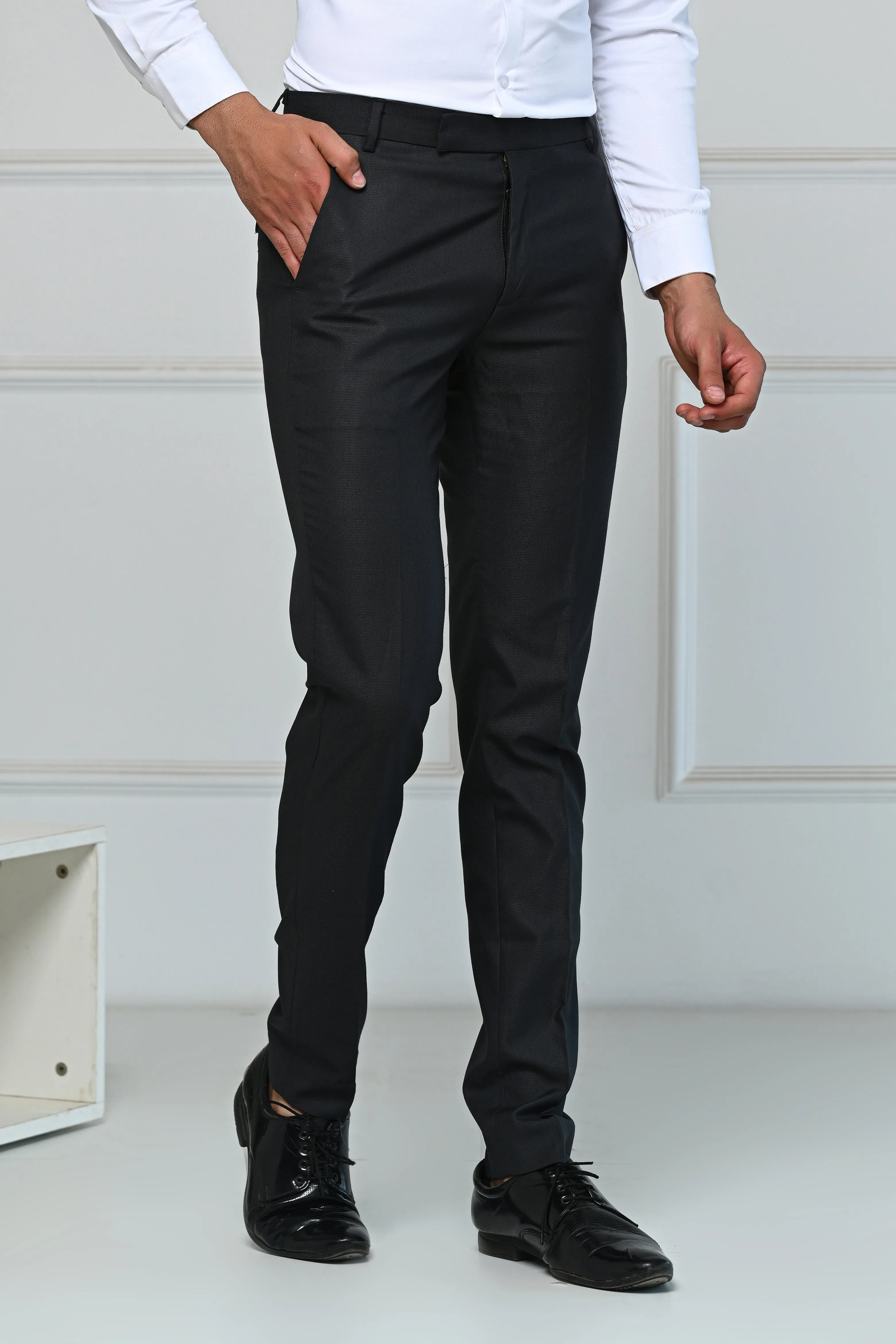 Dark Grey Self Design Premium Formal Pents