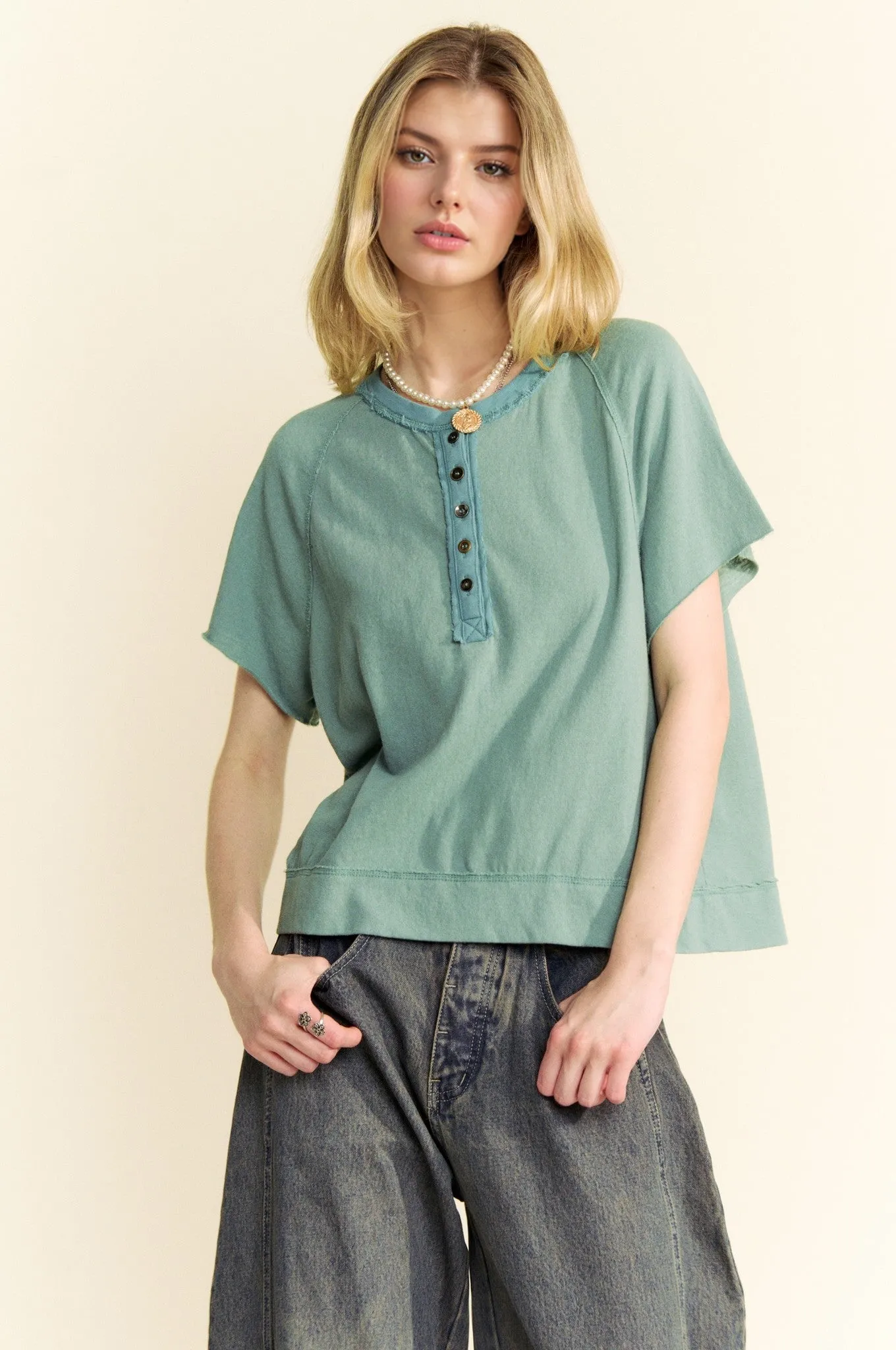 Davi & Dani Breezy Knit Henley Top in Olive Sage