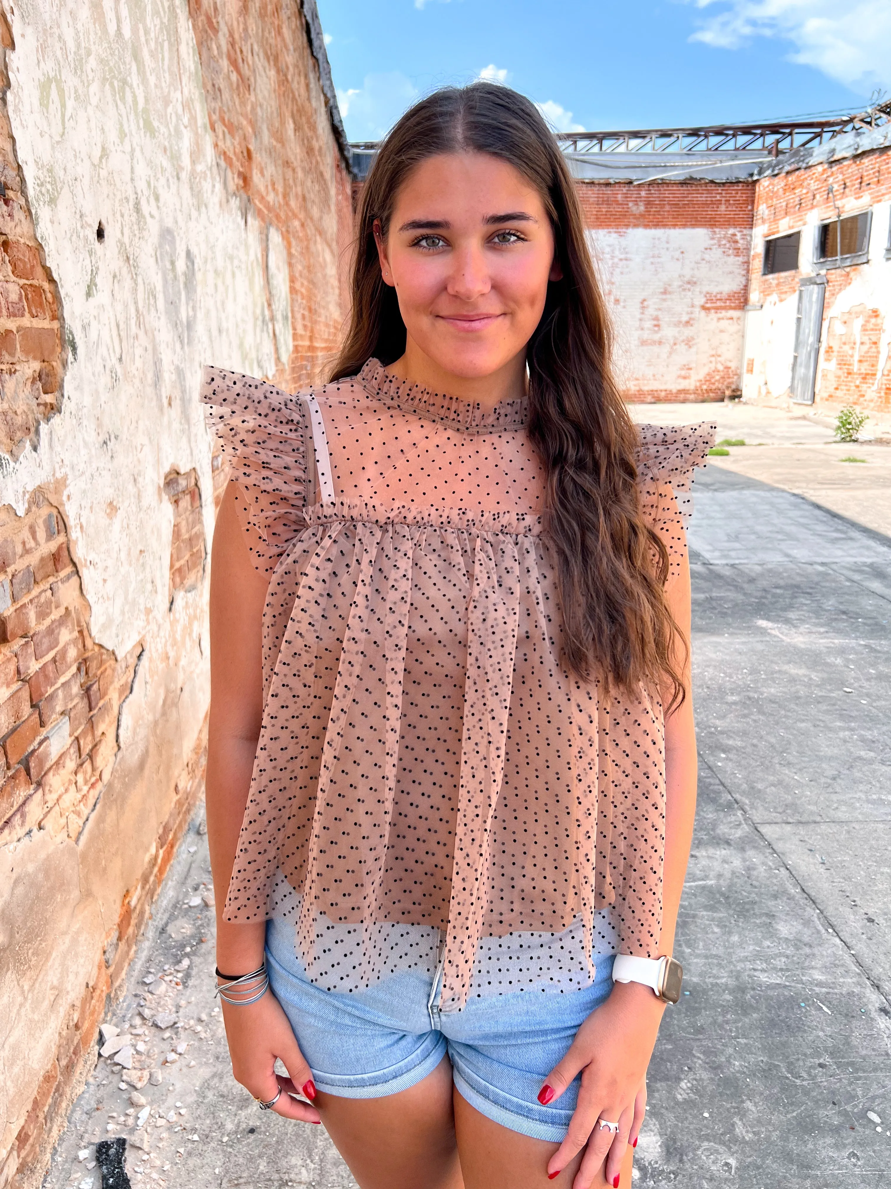 Faye Polka Dot Tulle Short Sleeve Top