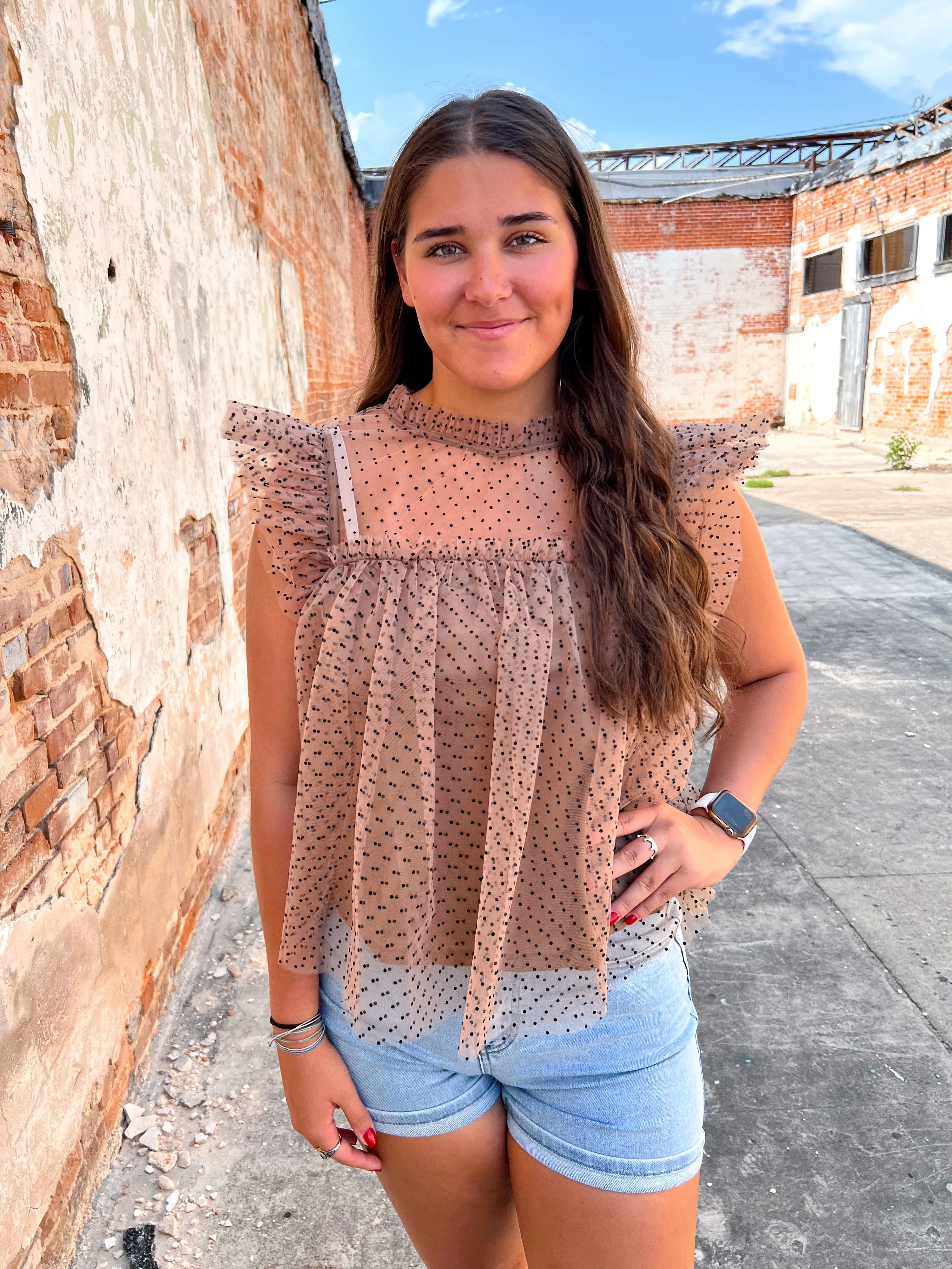 Faye Polka Dot Tulle Short Sleeve Top