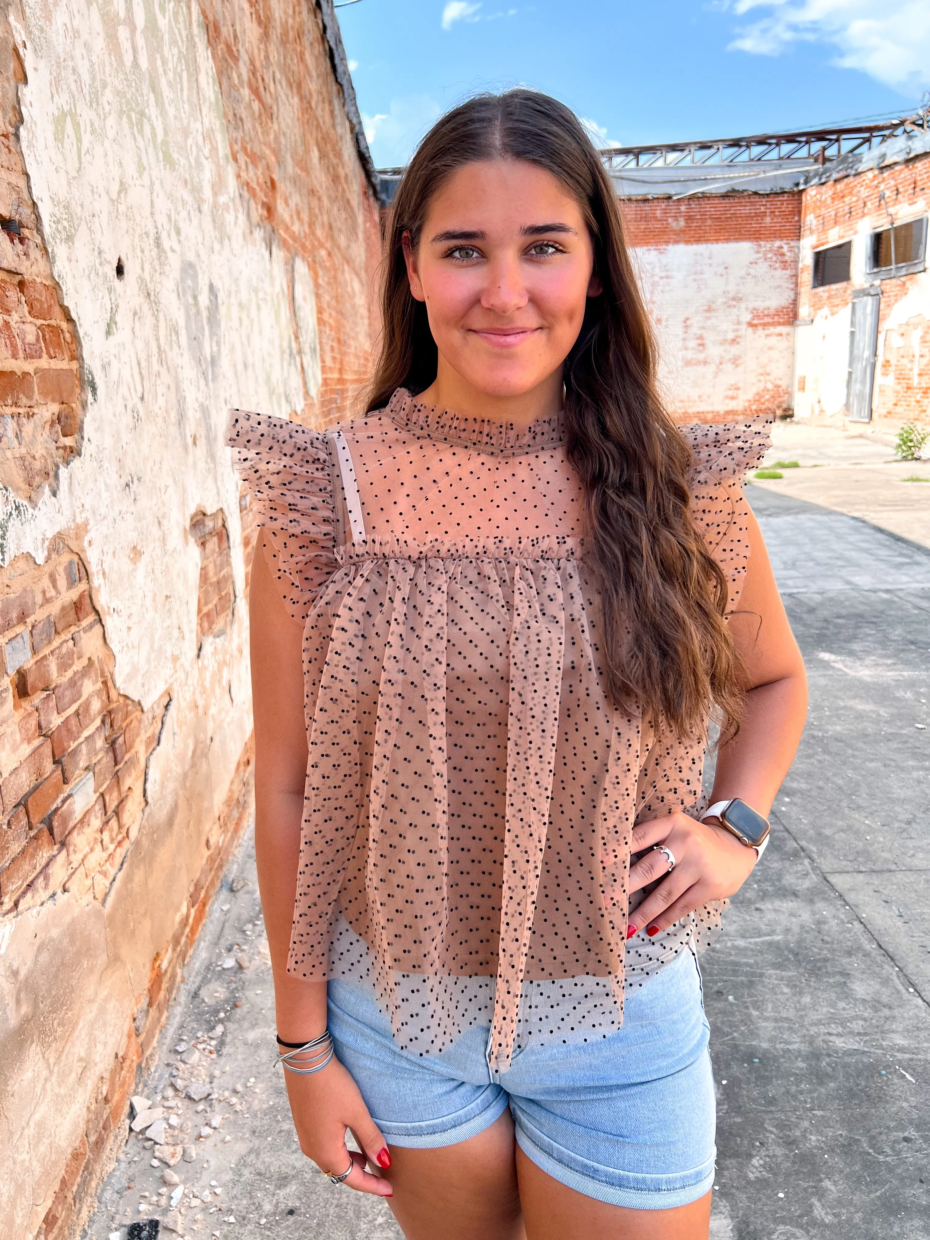 Faye Polka Dot Tulle Short Sleeve Top
