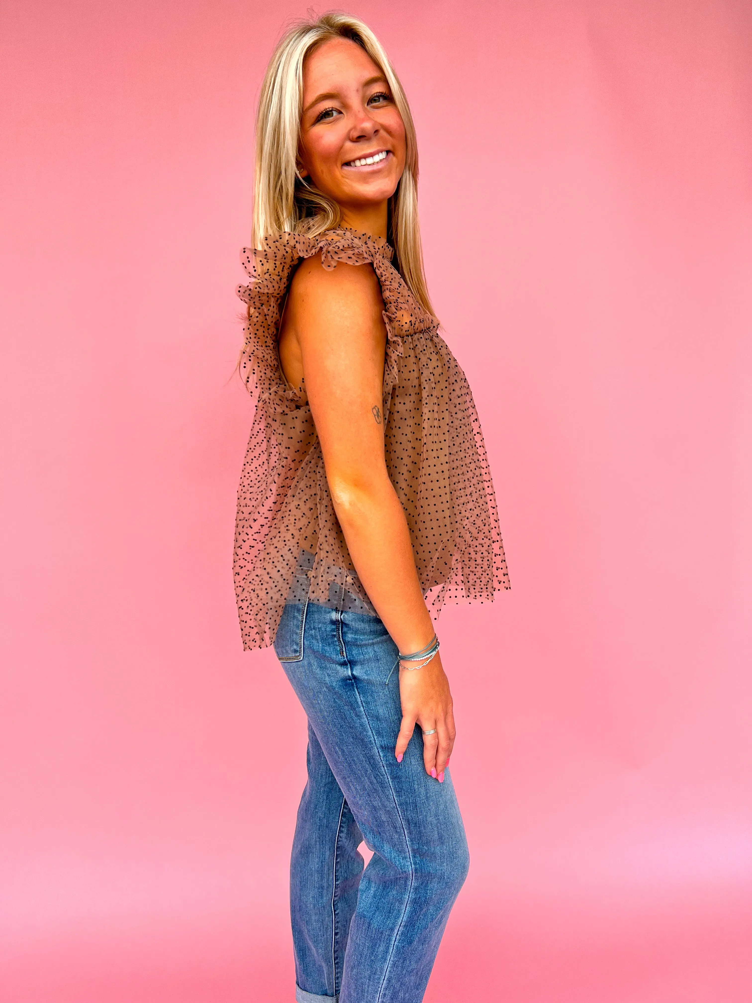 Faye Polka Dot Tulle Short Sleeve Top