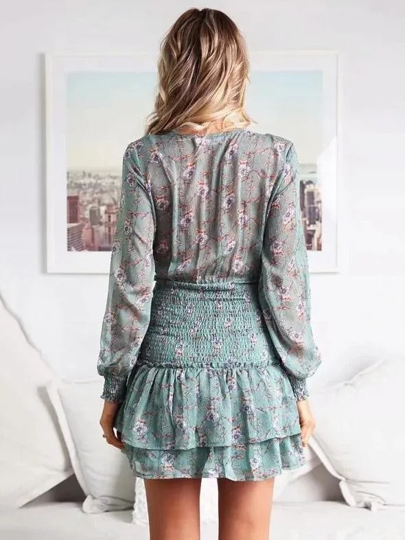 Floral Deep V-neck Mini Dress
