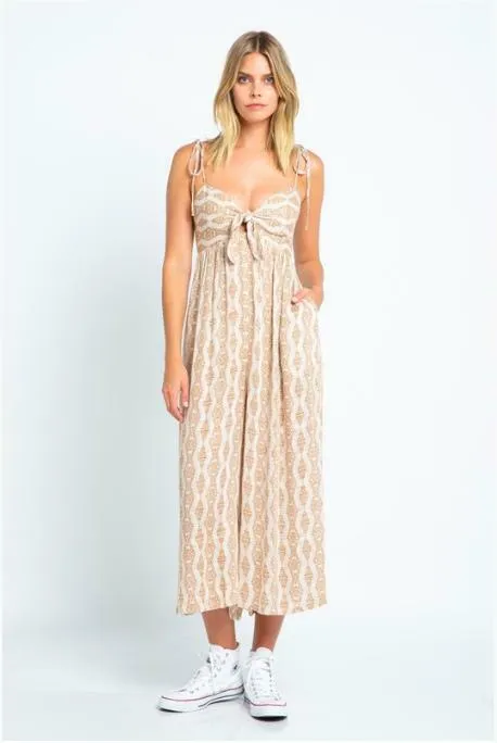 Goa Cream Print Tie-Front Midi Jumpsuit