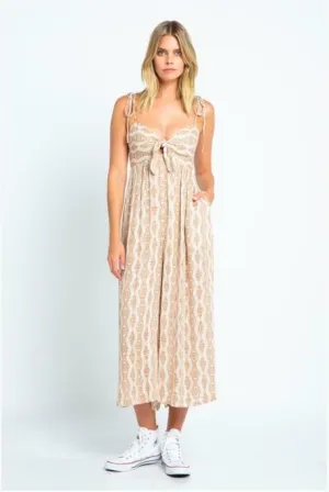 Goa Cream Print Tie-Front Midi Jumpsuit