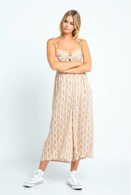 Goa Cream Print Tie-Front Midi Jumpsuit