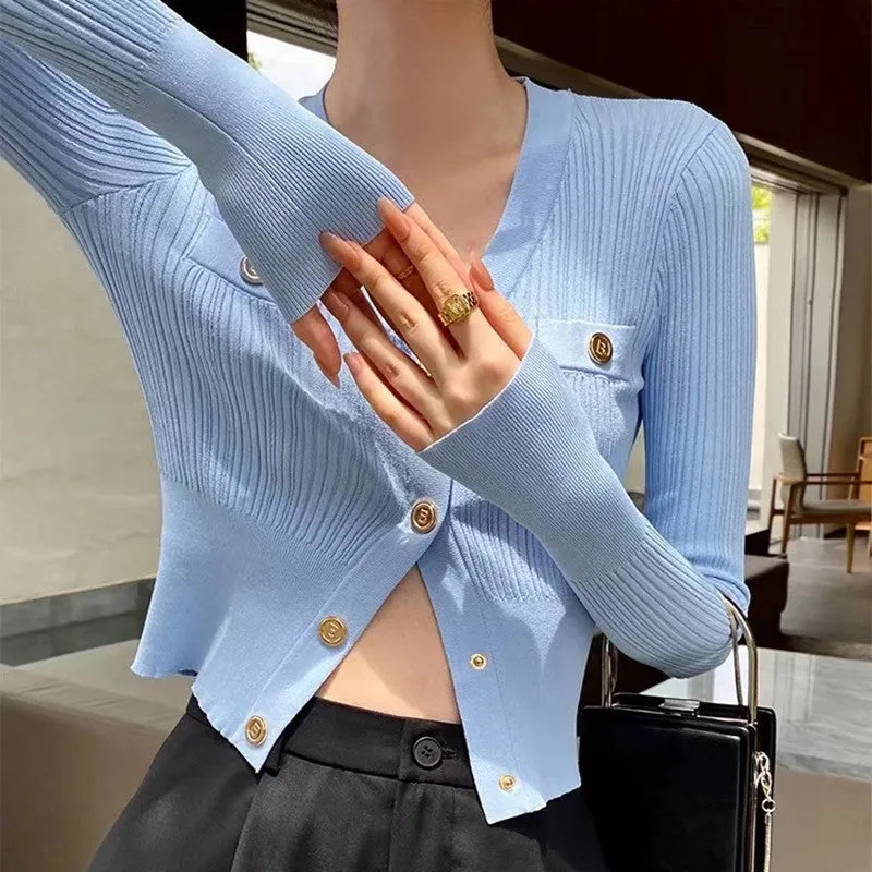 Gold Buckle Wild Tight-fitting Ice-silk Cardigan