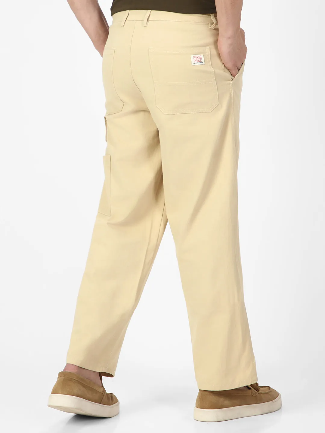 Men's Beige Loose Baggy Fit Solid Carpenter Trouser Pant with 5 Pockets Non-Stretchable