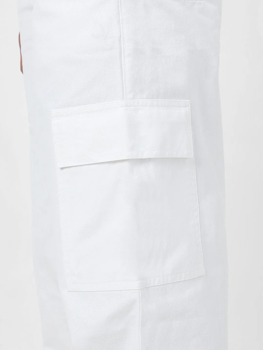 Men's White Loose Baggy Fit Solid Cargo Chino Pant with 6 Pockets Non-Stretchable