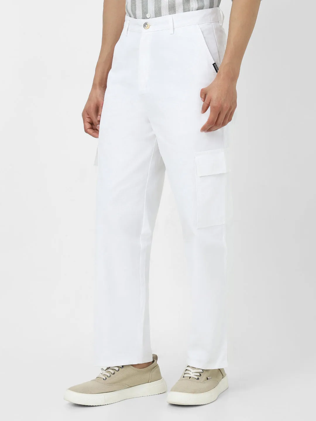 Men's White Loose Baggy Fit Solid Cargo Chino Pant with 6 Pockets Non-Stretchable