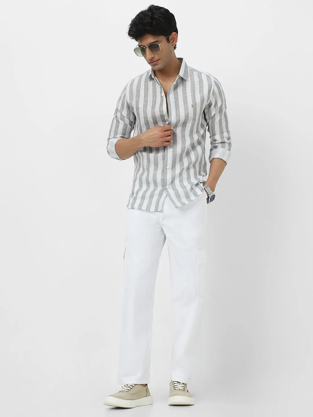 Men's White Loose Baggy Fit Solid Cargo Chino Pant with 6 Pockets Non-Stretchable