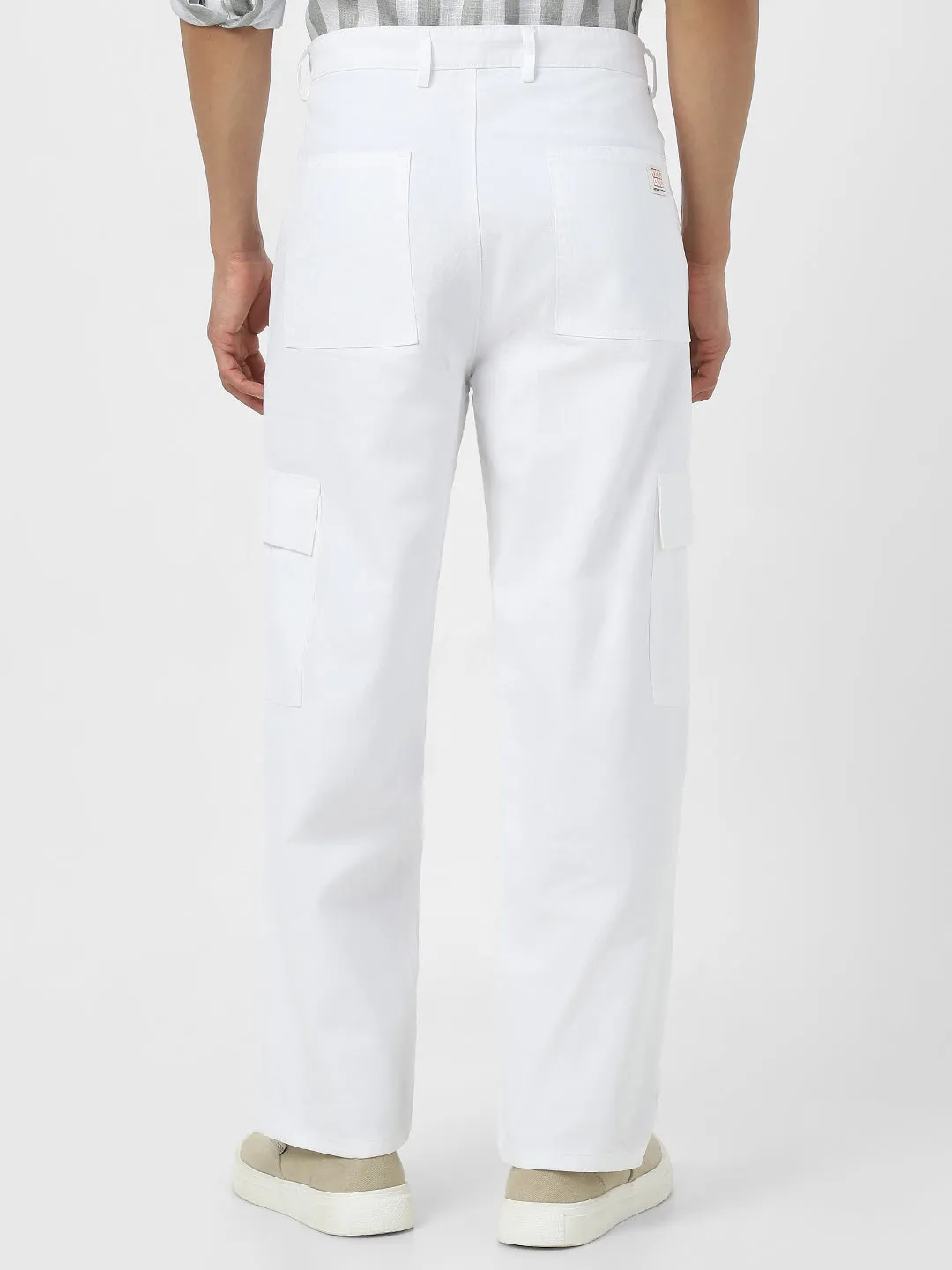 Men's White Loose Baggy Fit Solid Cargo Chino Pant with 6 Pockets Non-Stretchable