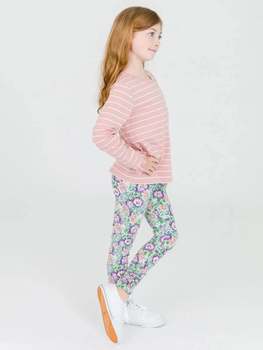 Pale Mauve & Ivory Stripe Knit Ruffle Long Sleeve Top