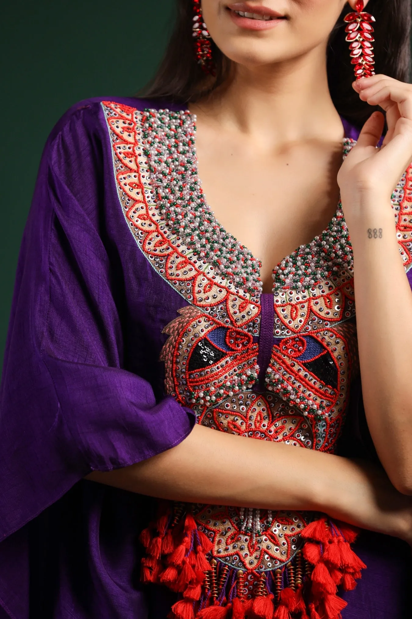 Purple Embellished Dola Silk Kaftan Set