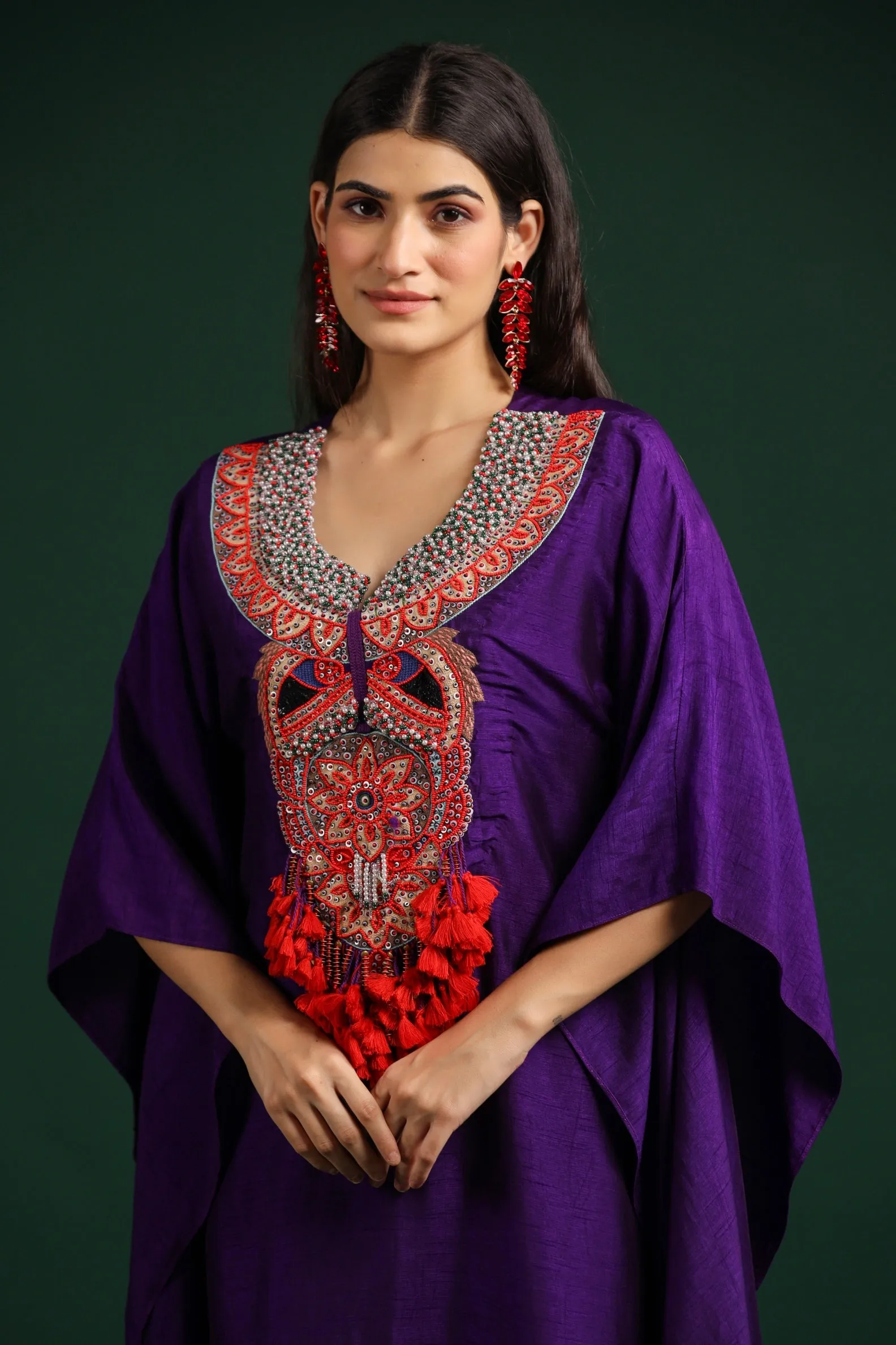 Purple Embellished Dola Silk Kaftan Set