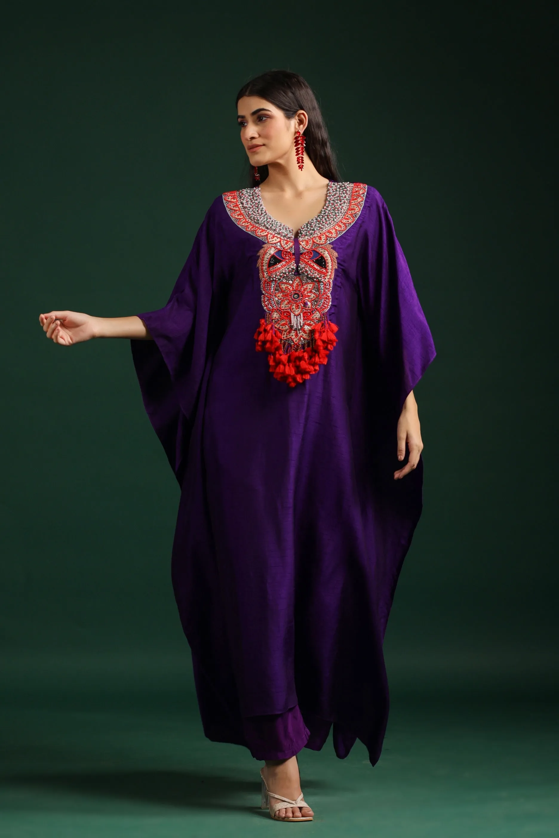 Purple Embellished Dola Silk Kaftan Set