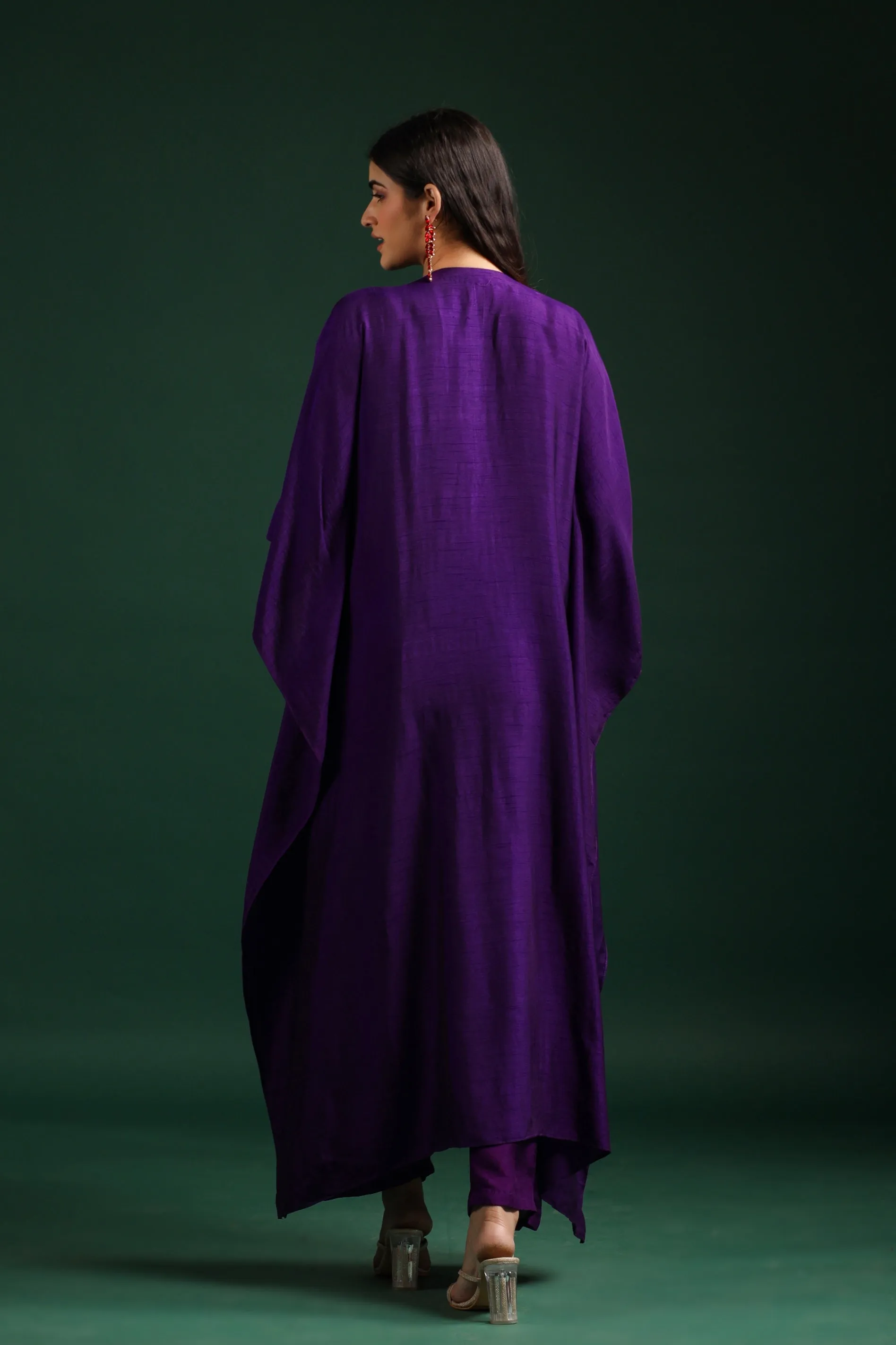 Purple Embellished Dola Silk Kaftan Set