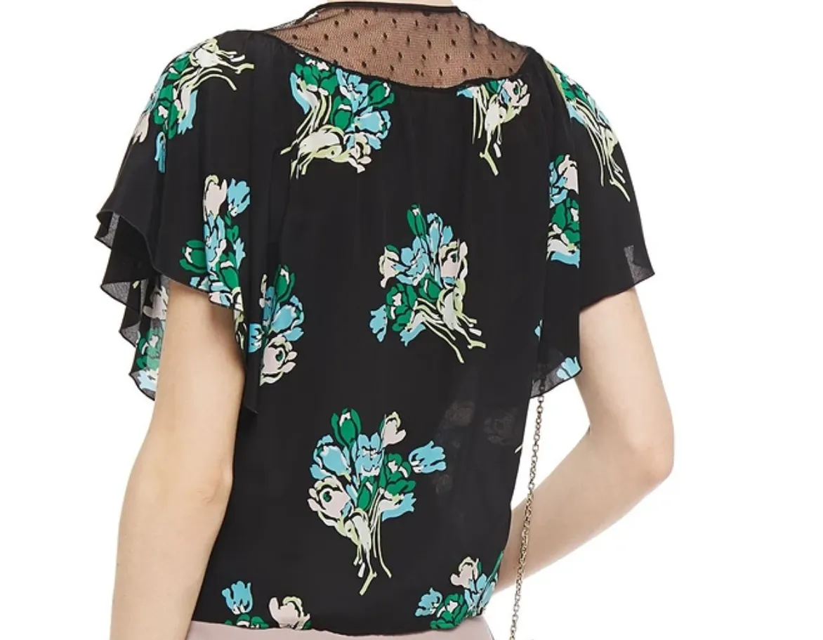 RED VALENTINO Point d'esprit-paneled floral-print silk crepe de chine top