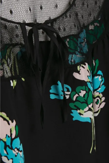 RED VALENTINO Point d'esprit-paneled floral-print silk crepe de chine top
