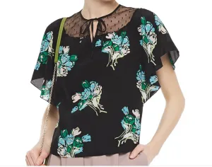 RED VALENTINO Point d'esprit-paneled floral-print silk crepe de chine top