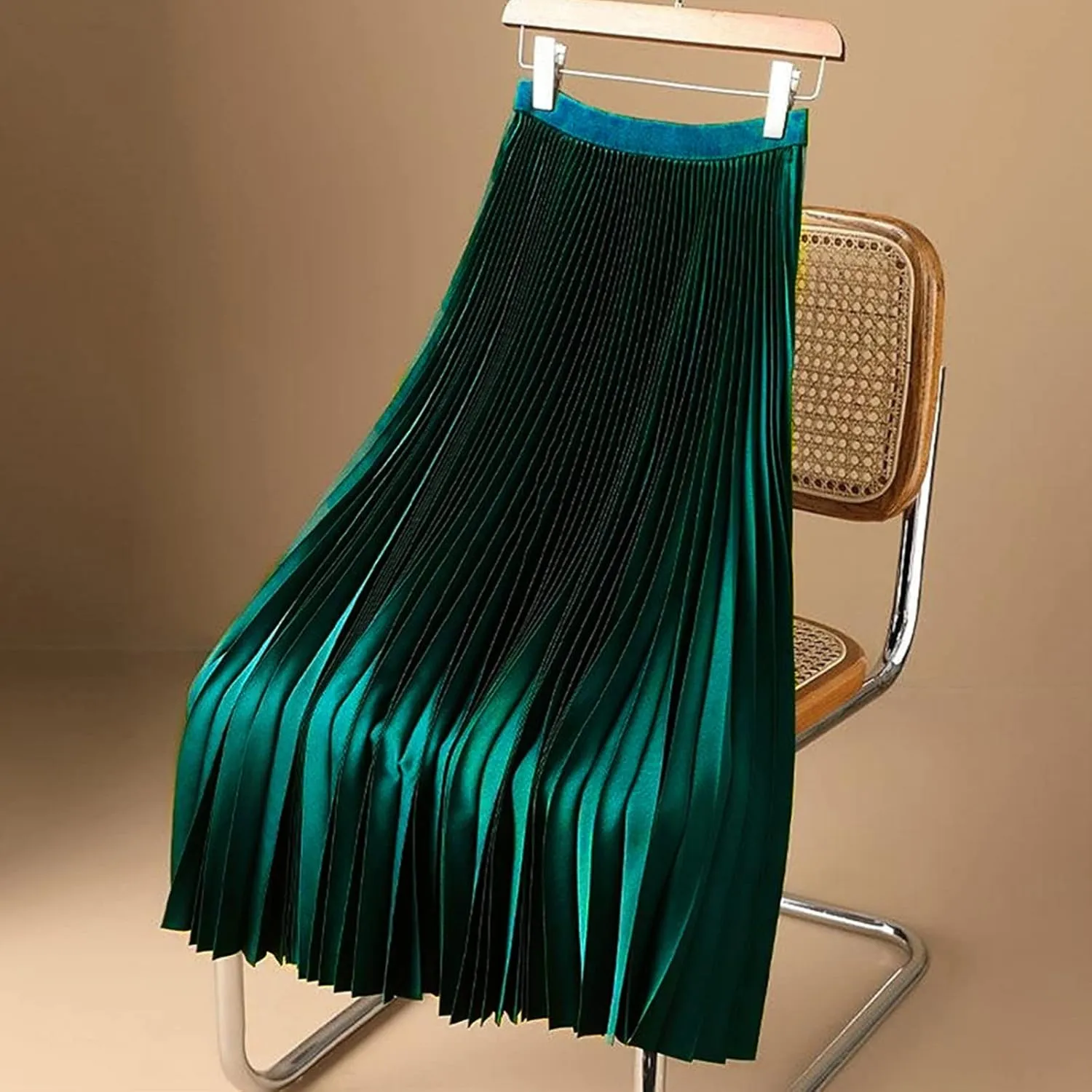 Satin Pleated Skirt Women A Line Flowy Skirts Plus Size Casual Skirts High Elastic Waist Maxi Skirts Versatile Skirt