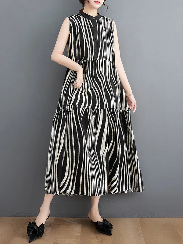 Striped Loose Sleeveless Stand Collar Midi Dresses