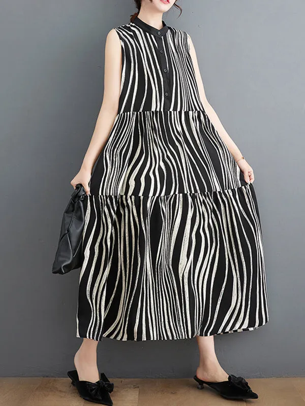 Striped Loose Sleeveless Stand Collar Midi Dresses