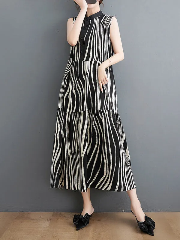 Striped Loose Sleeveless Stand Collar Midi Dresses