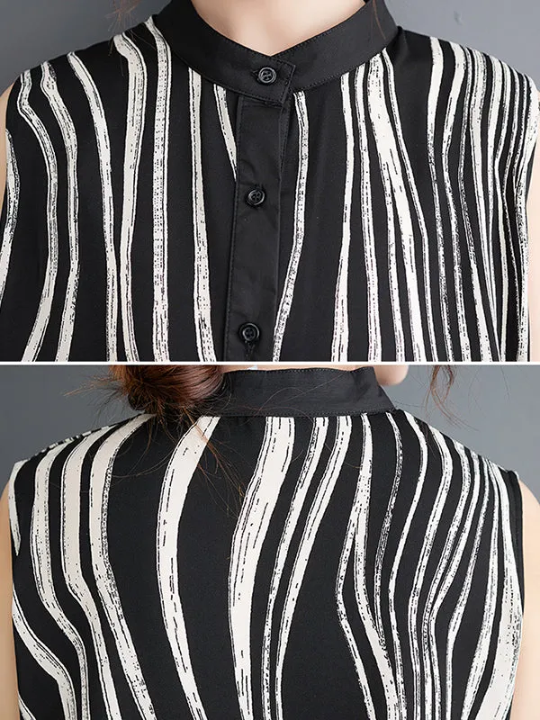 Striped Loose Sleeveless Stand Collar Midi Dresses