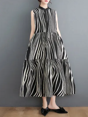 Striped Loose Sleeveless Stand Collar Midi Dresses