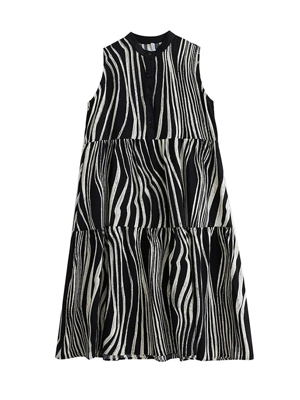 Striped Loose Sleeveless Stand Collar Midi Dresses