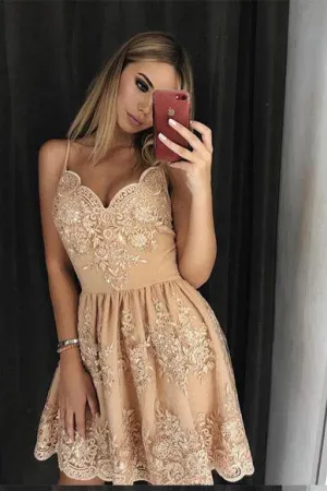 Stylish A-Line Spaghetti Straps Short Homecoming Dress with Lace Appliques PFH0070