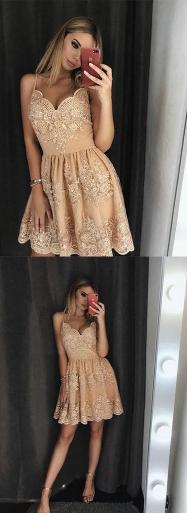 Stylish A-Line Spaghetti Straps Short Homecoming Dress with Lace Appliques PFH0070