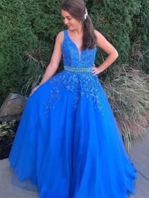 Stylish A-line V Neck Backless Tulle Lace Long Prom Dresseswith Belt