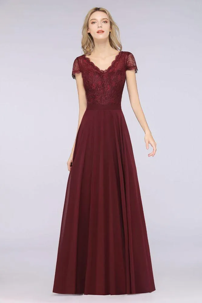 Stylish A-Line V-Neck Cap-Sleeves Floor-Length Bridesmaid Dress