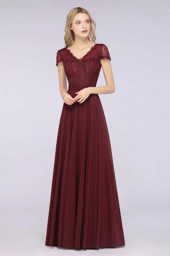 Stylish A-Line V-Neck Cap-Sleeves Floor-Length Bridesmaid Dress