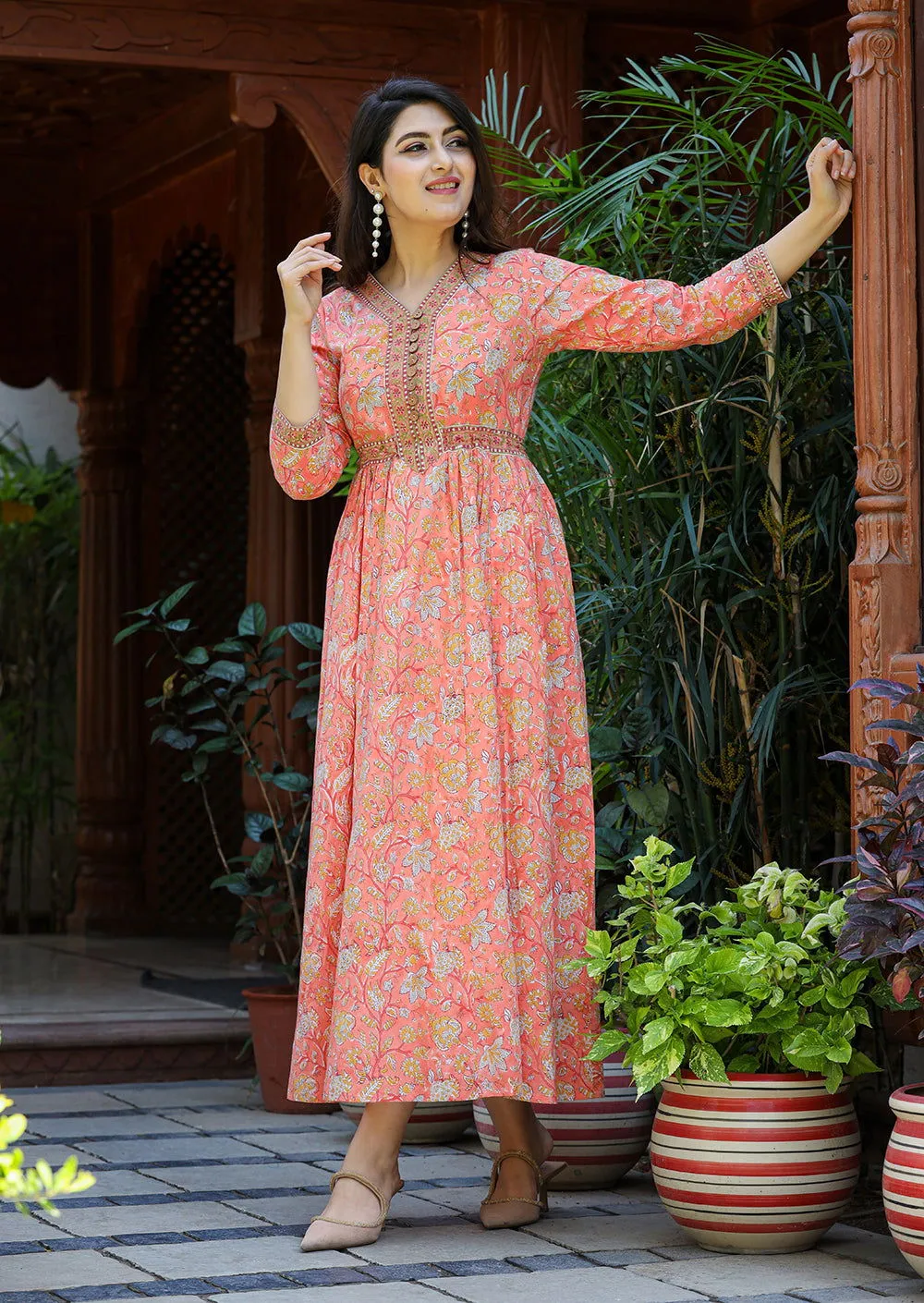 Stylish Orange Handblock Dress (set of 1)