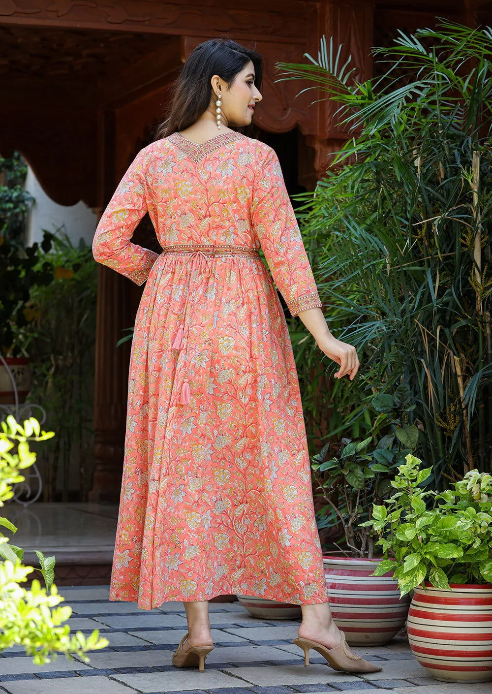 Stylish Orange Handblock Dress (set of 1)