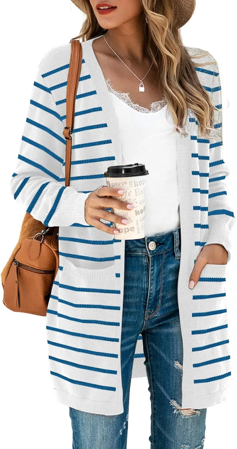 TASAMO Womens Color Block Striped Draped Kimono Cardigan Long Sleeve Open Front Casual Knit Sweaters Coat Soft Outwear