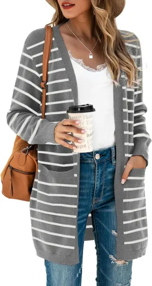 TASAMO Womens Color Block Striped Draped Kimono Cardigan Long Sleeve Open Front Casual Knit Sweaters Coat Soft Outwear