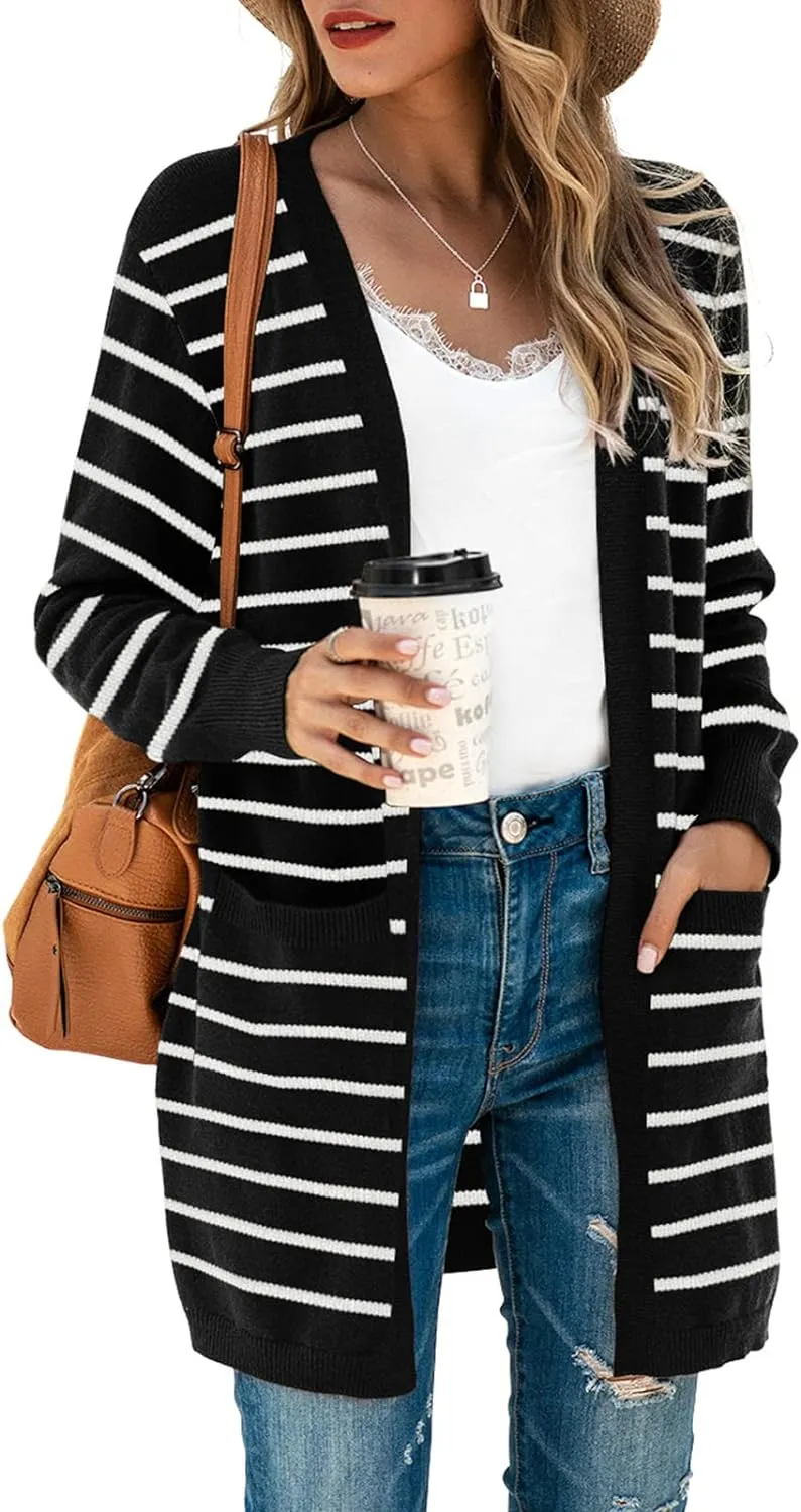 TASAMO Womens Color Block Striped Draped Kimono Cardigan Long Sleeve Open Front Casual Knit Sweaters Coat Soft Outwear